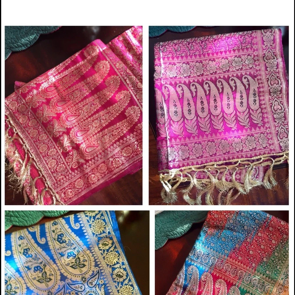 Indian Elegant Silk Scarfs with Gold Threading IN PINK NEW Tapestry Vintage
